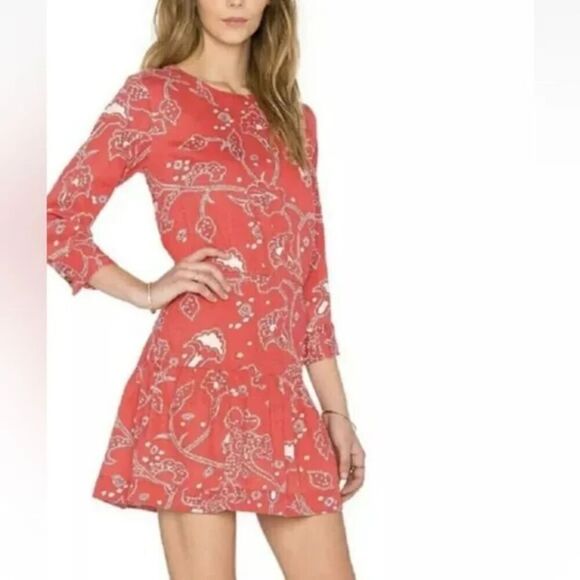 Current/Elliot "The Tenant" Red Print Back Cutout Cotton Ruffle Hem Dress Large - Picture 1 of 16